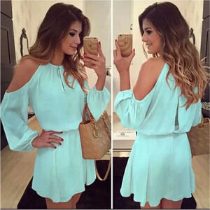 New White or Blue Boho Cold Shoulder Long Sleeve Keyhole Dress Sz S/XL